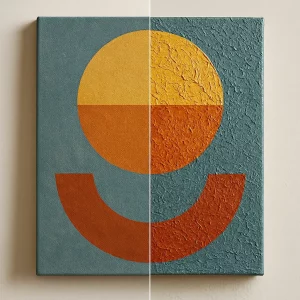 A visually striking split image showing half a flat canvas print and half a 3D textured canvas print of the same artwork