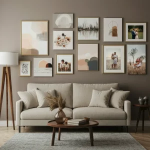 Living room gallery wall featuring canvas prints