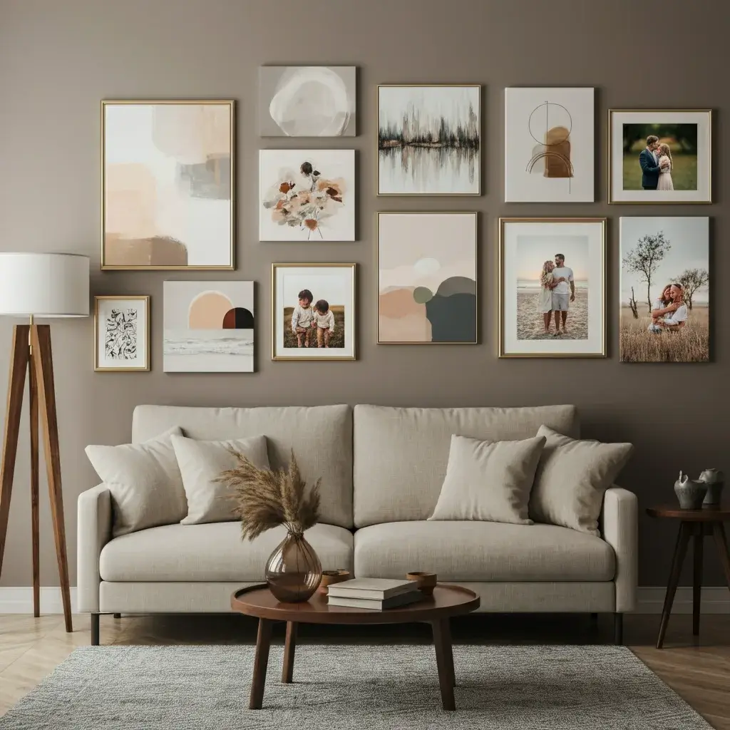 Living room gallery wall featuring canvas prints