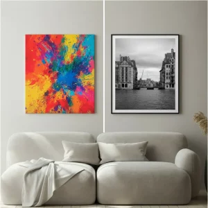 Comparison of a vibrant canvas print and a classic framed canvas print displayed in a modern living space.