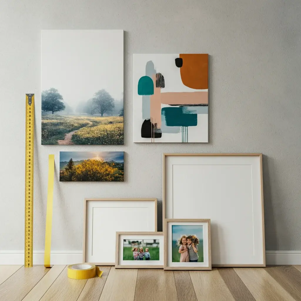 stylish living room with framed canvas prints