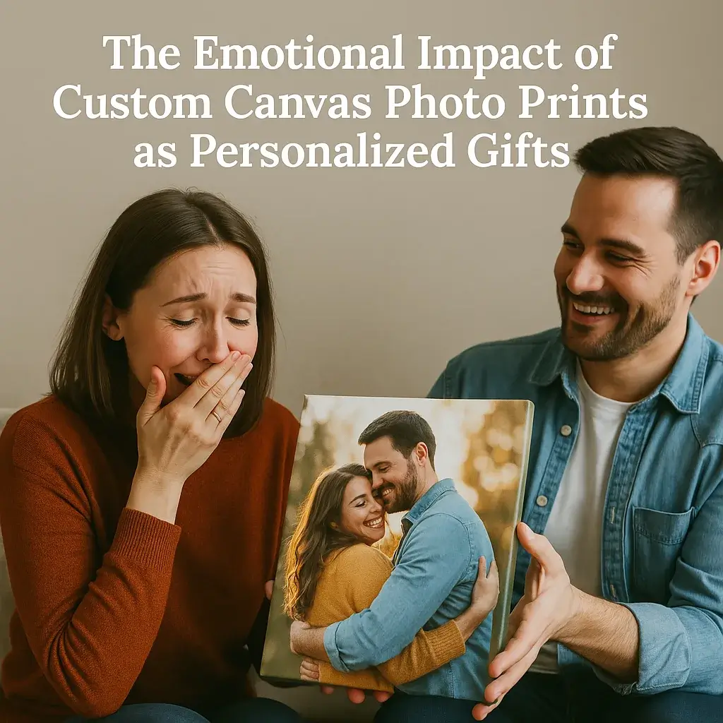 husband giving Custom canvas print as gift to wife