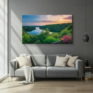 Stylish living room with a large, vibrant canvas photo print of a serene landscape above the sofa.