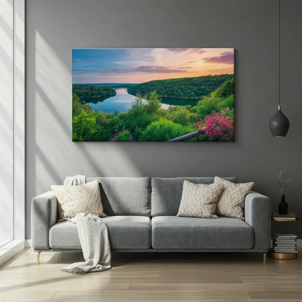 Stylish living room with a large, vibrant canvas photo print of a serene landscape above the sofa.