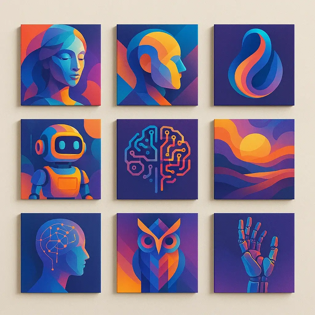 A wall covered with Ai generated canvas prints and paintings